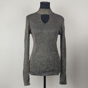 Ribbed Knit Top Long Sleeve Metallic Shimmer Gold Navy NWT Feminine Party Chic S
